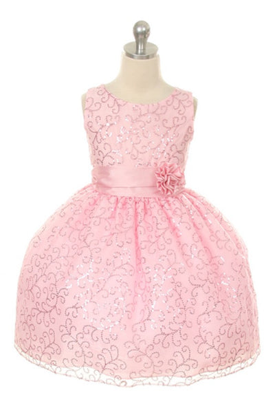 Sequin Organza Dress with Taffeta Sash and Pin-On Flower - Pink - Oasislync